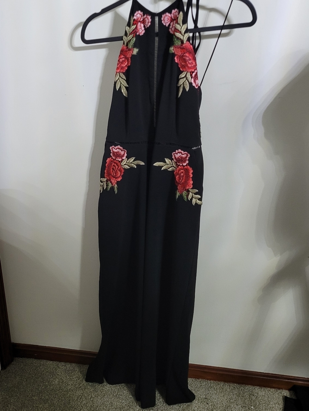 Gianni Bini Black Wide Leg Jumpsuit with Red Rose Embroidery, Size M